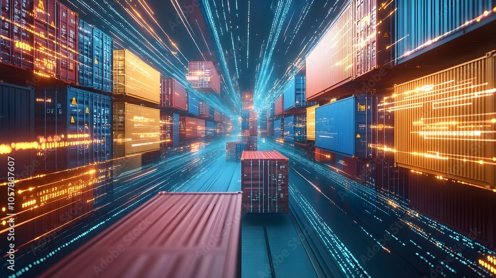 Futuristic cargo containers with glowing lights, representing logistics and transportation in a digital age. Futuristic cargo containers with glowing lights, representing logistics and transportation in a digital age.