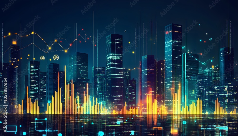 Futuristic city skyline with vibrant colors and digital data visualization, representing technology and urban development. Futuristic city skyline with vibrant colors and digital data visualization, representing technology and urban development.