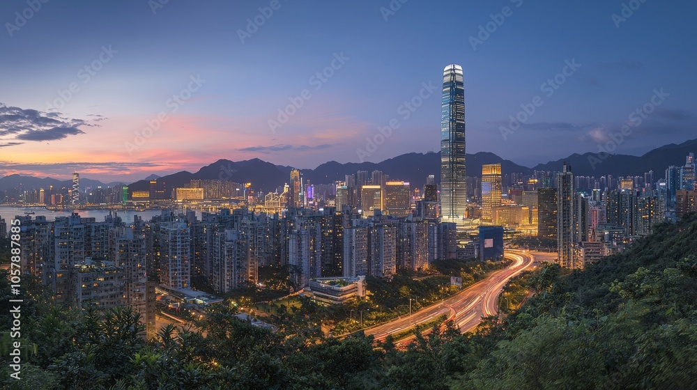 Obraz premium Animated light trails and the towering skyline of a futuristic city at night