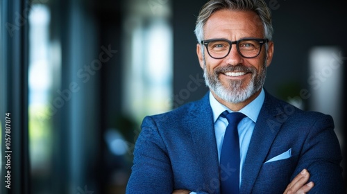 A confident man with a beard and glasses stands with his arms crossed in a sleek office setting, showcasing a warm smile while dressed in professional attire