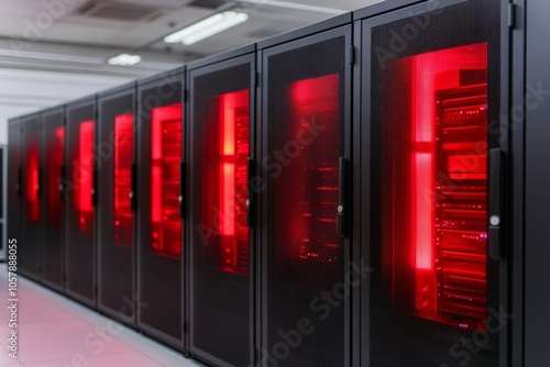 A row of server racks illuminated with red lights in a data center.