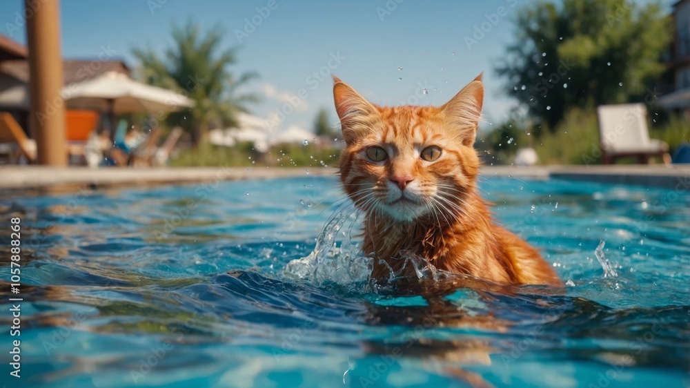 Obraz premium Ginger Cat Poolside Summer Fun Splash