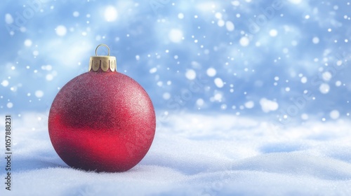 Red Christmas ornament resting on soft snow beneath a winter sky with falling snowflakes, evoking a festive holiday spirit