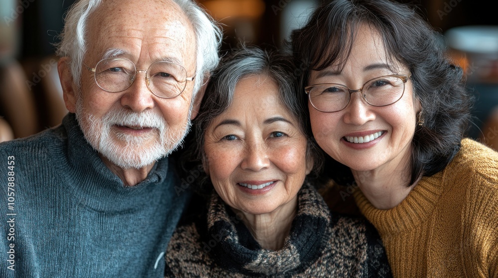 Three older adults share a joyful moment, their faces beaming with happiness and warmth, as they gather together in a cozy restaurant filled with love and laughter Three older adults share a joyful moment, their faces beaming with happiness and warmth, as they gather together in a cozy restaurant filled with love and laughter