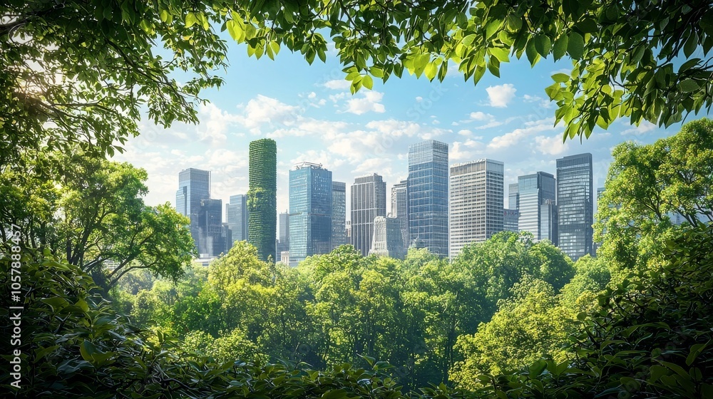 Fototapeta premium An innovative sustainable urban landscaping concept that integrates green architecture and eco-friendly planning for a contemporary cityscape. Image of a green city with text space for copy.