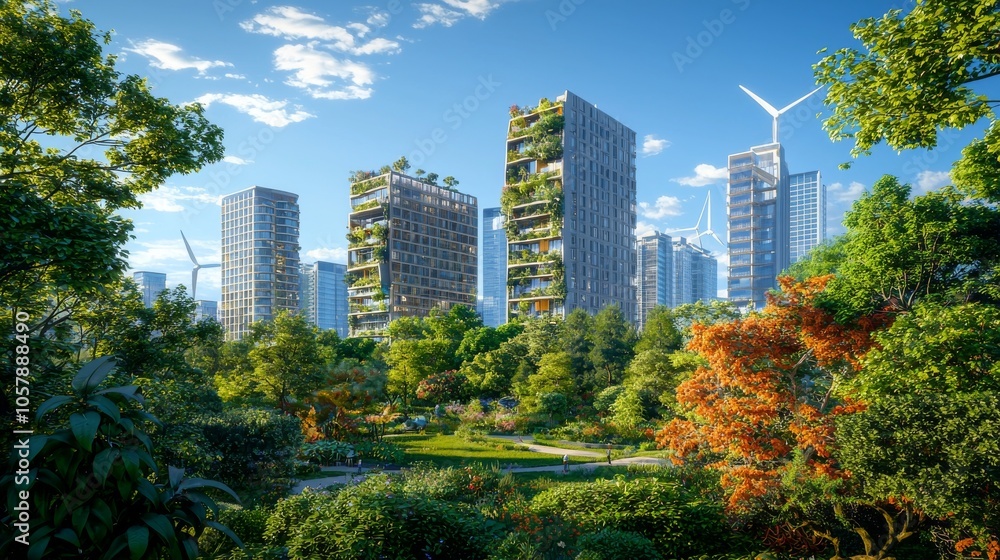 Fototapeta premium With wind turbines and solar panels, this sustainable city skyline features green buildings.