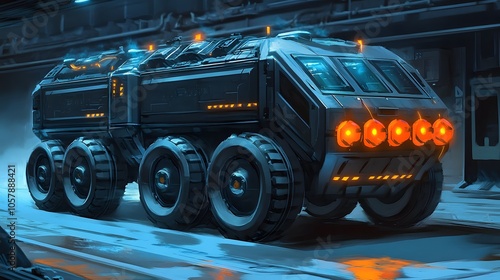 Futuristic vehicle designed for advanced exploration, featuring sleek design and illuminated wheels in a sci-fi environment.