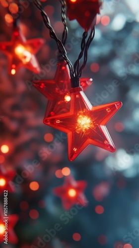 Bright red star shaped lights illuminating a cozy indoor space during the eve...