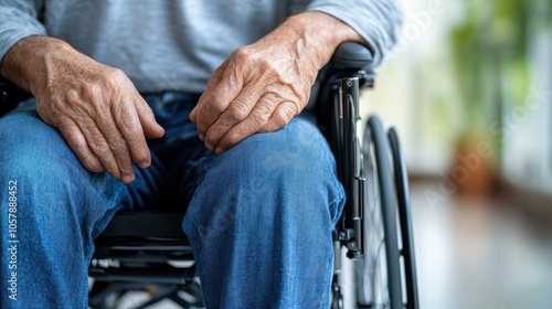 An elderly individual in a wheelchair sits comfortably indoors, hands resting gently on knees, surrounded by greenery and soft natural light, conveying a peaceful moment