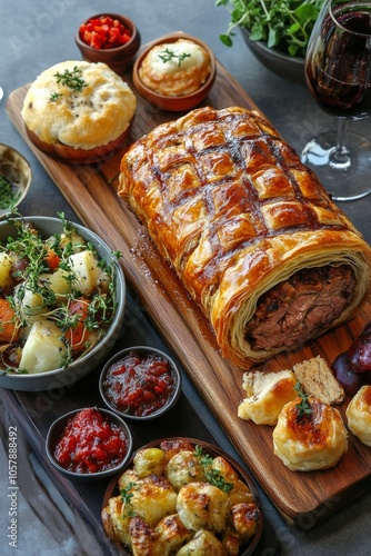 Delicious gourmet meal featuring beef Wellington with sides and wine served o...