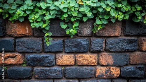 The sturdy black and orange bricks form a compelling backdrop, enriched by lush green foliage cascading over them, creating a serene atmosphere in an outdoor space