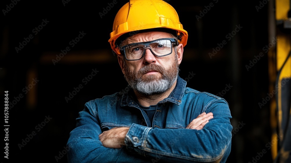 A construction worker, wearing a safety helmet and glasses, stands with arms crossed in an industrial setting, showcasing confidence and professionalism during the day A construction worker, wearing a safety helmet and glasses, stands with arms crossed in an industrial setting, showcasing confidence and professionalism during the day
