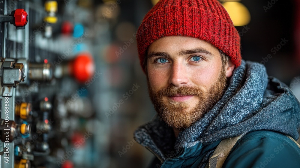 A young man with a thick beard and bright blue eyes smiles while standing beside control panels filled with colorful levers and buttons in a well-lit industrial environment A young man with a thick beard and bright blue eyes smiles while standing beside control panels filled with colorful levers and buttons in a well-lit industrial environment