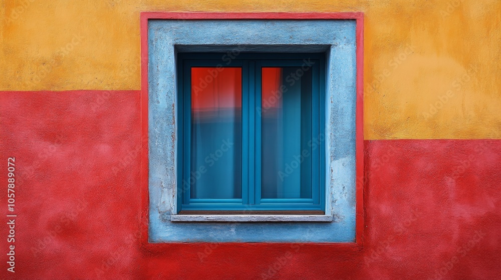 Vibrant triptych of windows with colorful walls and greenery in a lively urban setting Vibrant triptych of windows with colorful walls and greenery in a lively urban setting