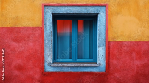 Vibrant triptych of windows with colorful walls and greenery in a lively urba...