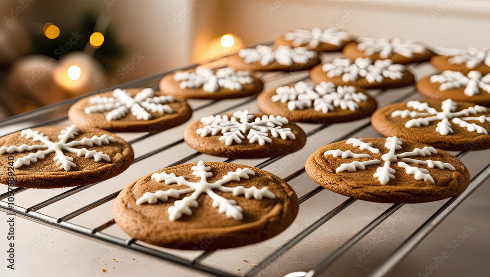 Gingerbread cookies decorated with white icing on a cooling rack. Gingerbread cookies decorated with white icing on a cooling rack.