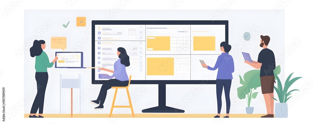 Modern workspace with diverse professionals collaborating on a digital project using a large screen and laptop for effective teamwork. Modern workspace with diverse professionals collaborating on a digital project using a large screen and laptop for effective teamwork.