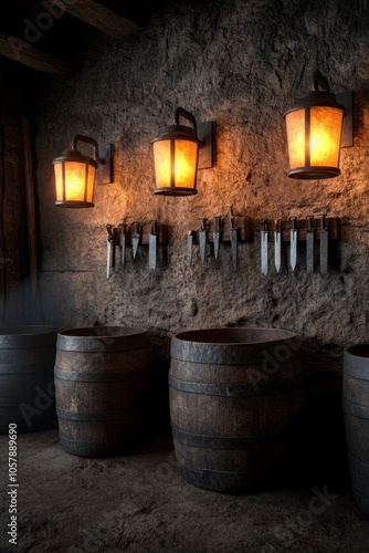 A rustic interior featuring wooden barrels and lanterns on a stone wall.