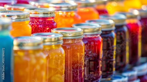 Glass jars with golden lids, filled with colorful homemade fruit and vegetable preserves, create a vibrant and appetizing display photo