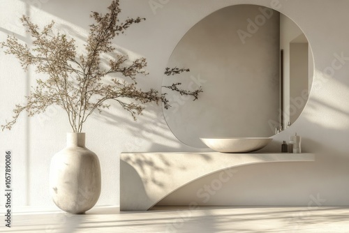Minimalist interior design with a large mirror and elegant vase featuring gre...