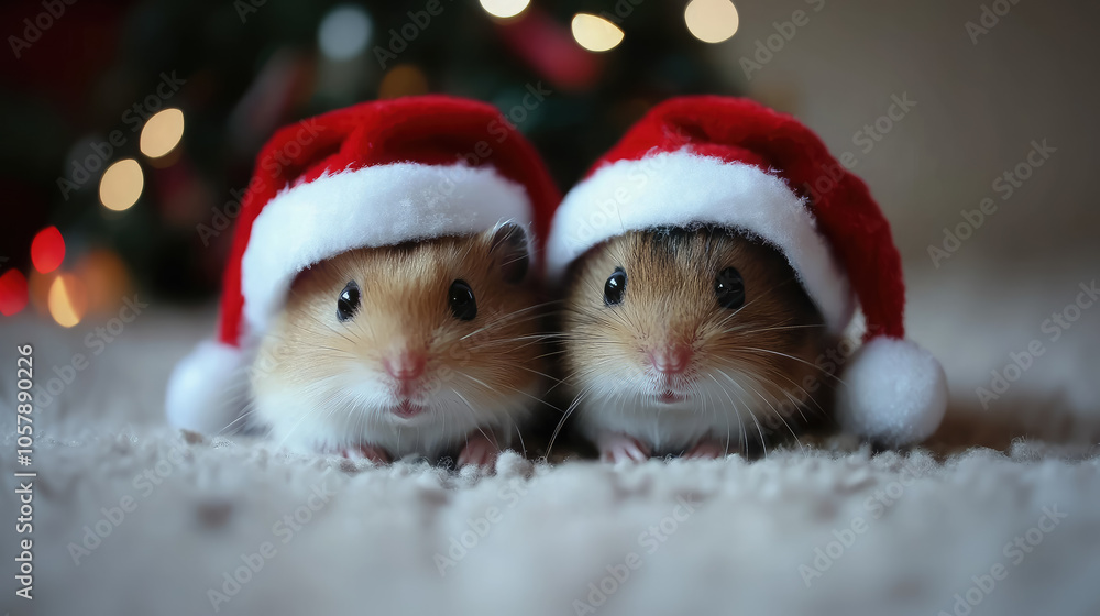 hamsters in Santa Claus hats on winter background, christmas, new year, xmas, greeting card illustration, rodent, mouse, pet, cute animal hamsters in Santa Claus hats on winter background, christmas, new year, xmas, greeting card illustration, rodent, mouse, pet, cute animal