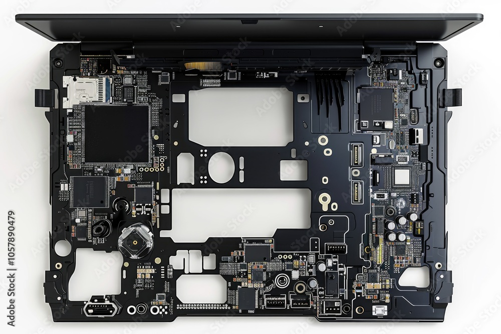 Fototapeta premium Top view of black laptop with visible hardware for repair upgrades.