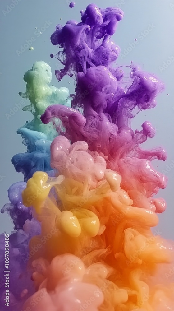 Colorful smoke plume rising against a blue background in an artistic display of hues Colorful smoke plume rising against a blue background in an artistic display of hues