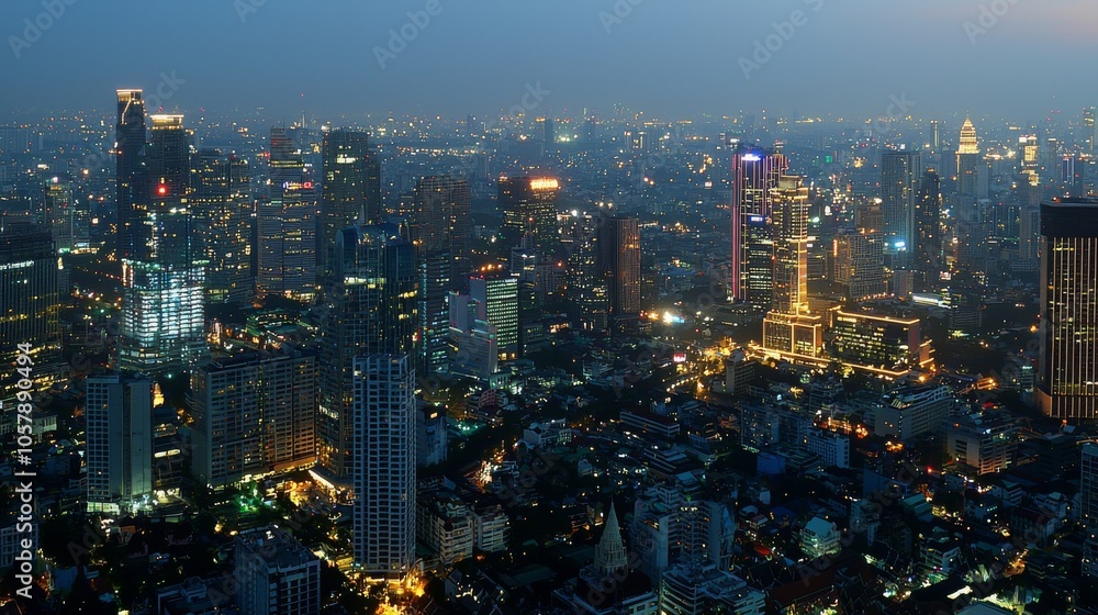 Obraz premium Symbolic smart city with dot point connected by gradient line. Bangkok city background at night, big data in Thailand.