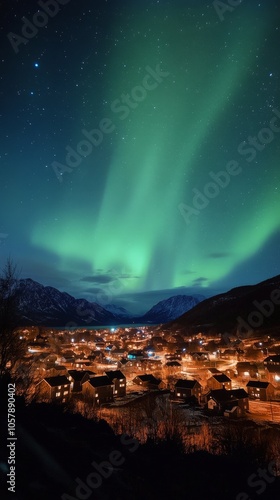 A stunning display of northern lights illuminating a tranquil coastal village...