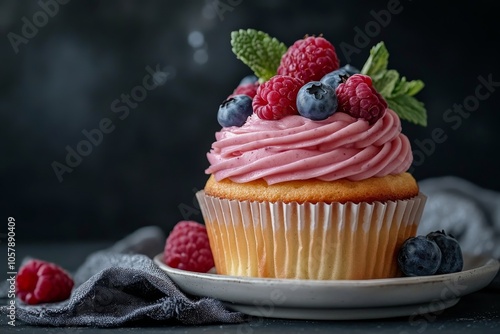 Delicious cupcake topped with fresh raspberries and blueberries on a plate in...