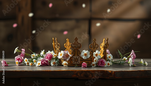 low key image of beautiful queen or king crown over wooden old table and falling flowers. fantasy medieval period isolated with white highlights, png