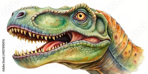 Watercolor Illustration of a Tyrannosaurus Rex with Open Mouth and Sharp Teeth, Capturing the Prehistoric Predator's Power and Majesty