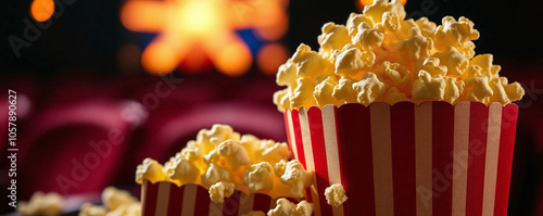 Fresh popcorn in striped containers at the cinema on movie night
