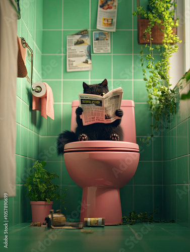 Funny scene of a black cat sitting on a pink toilet, reading a newspaper in a green-tiled bathroom with houseplants and quirky decor.
