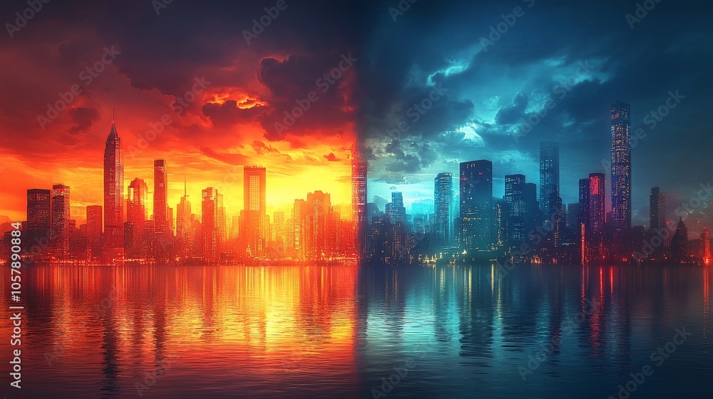 A cityscape with a fiery sunset on one side and a stormy sky on the other. A cityscape with a fiery sunset on one side and a stormy sky on the other.