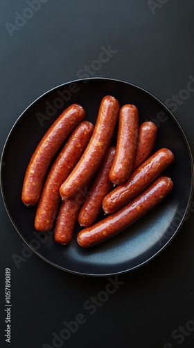 Grilled sausages arranged beautifully on a black plate ready for serving at a...