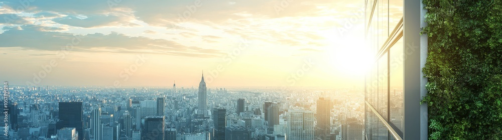 Fototapeta premium Skyscrapers powered by solar panels, vertical gardens and clean energy technologies include a futuristic green city