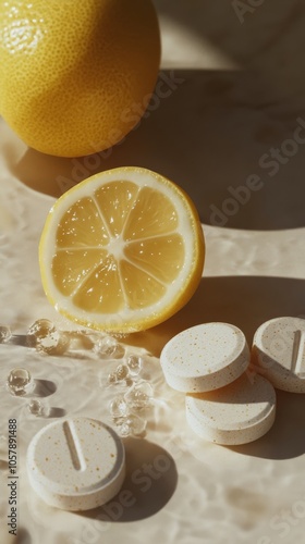 Fresh lemons and dietary supplements arranged on a light surface with natural...