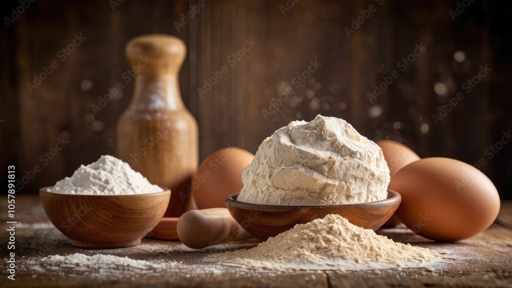 Fototapeta premium Flour, eggs and rolling pin on wooden table