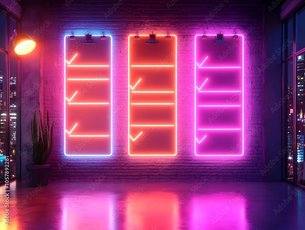 Vibrant neon lights illuminate a modern workspace with checklists, creating an energetic and motivational atmosphere. Vibrant neon lights illuminate a modern workspace with checklists, creating an energetic and motivational atmosphere.