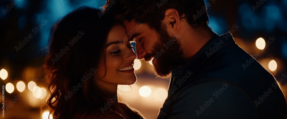 Romantic couple in love, embracing under fairy lights. Romantic couple in love, embracing under fairy lights.