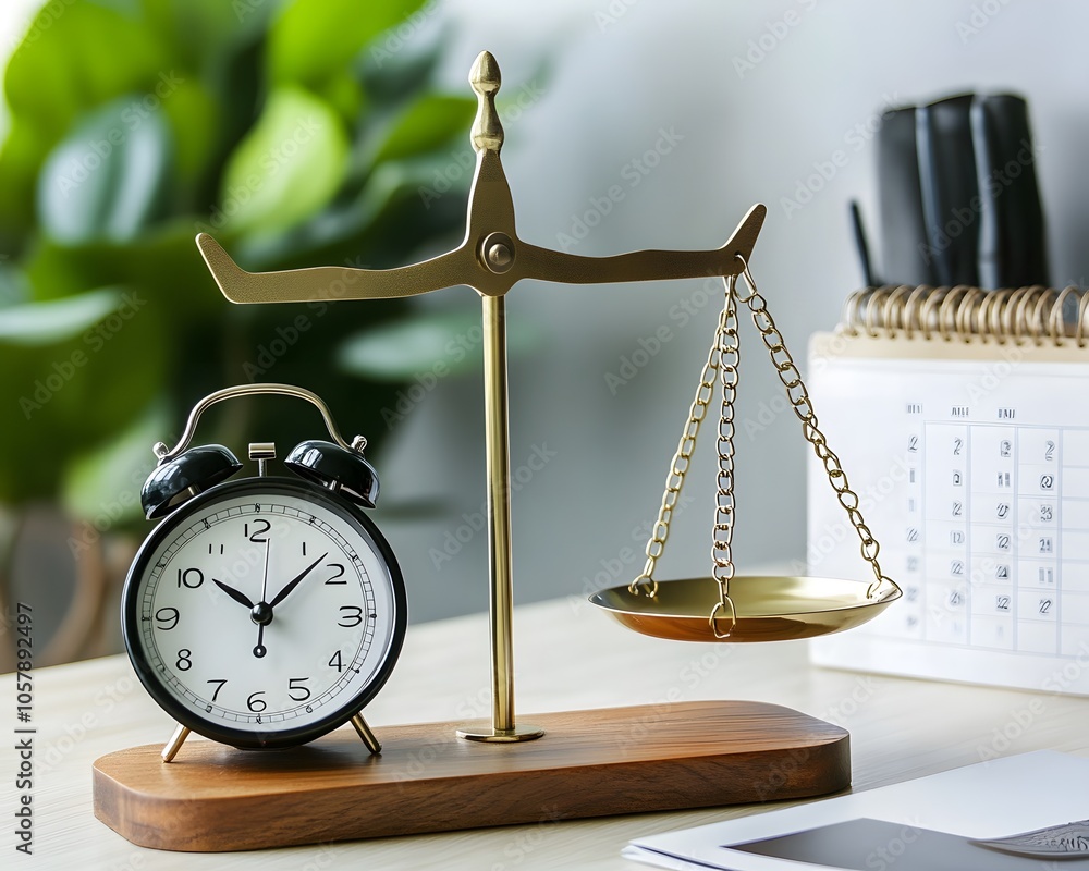 A balanced display of a clock and scales symbolizing time management and justice in a modern workspace. A balanced display of a clock and scales symbolizing time management and justice in a modern workspace.