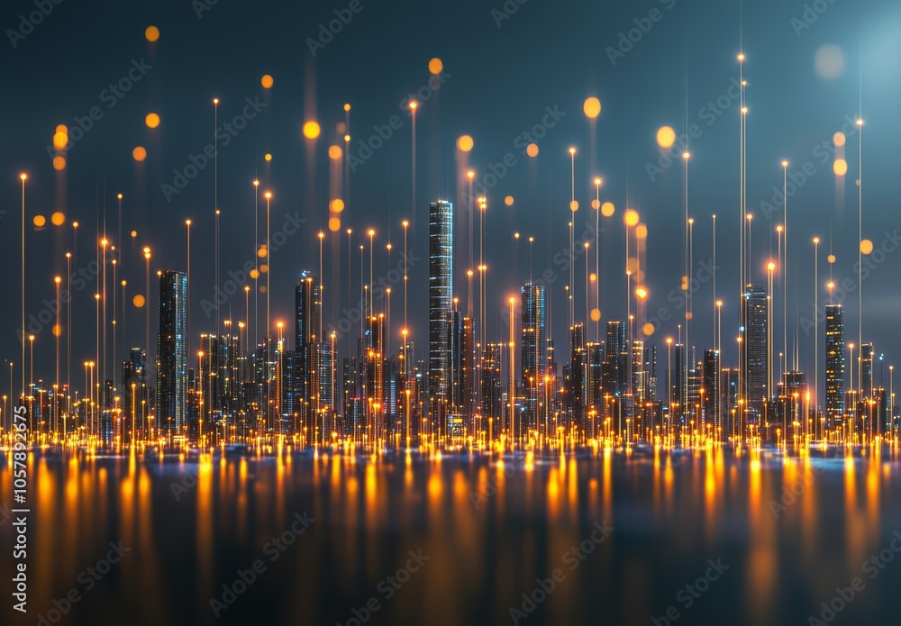 In the distance, a futuristic night city glows with neon light. Surrealistic skyscrapers. Cyberpunk, immersive world from the metaverse. 3D render. Stock. In the distance, a futuristic night city glows with neon light. Surrealistic skyscrapers. Cyberpunk, immersive world from the metaverse. 3D render. Stock.