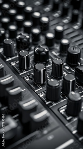 A close up view of a black audio mixer featuring various knobs and sliders in...