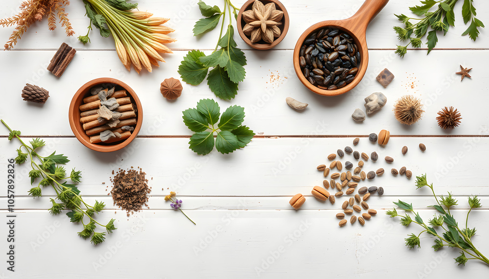 Flat lay composition with healing herbs on white wooden table. Space for text isolated with white highlights, png Flat lay composition with healing herbs on white wooden table. Space for text isolated with white highlights, png