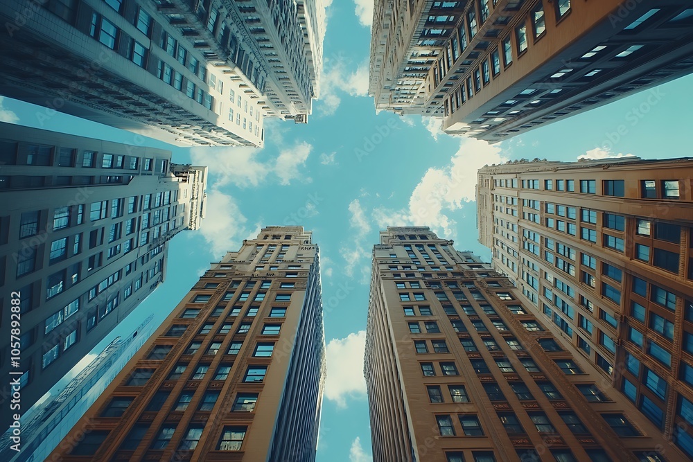 Fototapeta premium Urban Skyview - Buildings Reach Upward To Sunny Clouds