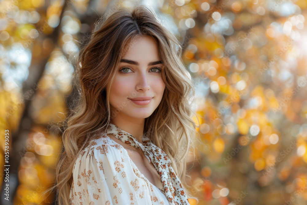Smiling young woman in an autumn setting, with soft waves in her hair and bright, vibrant golden foliage in the background, exuding warmth and natural beauty. Smiling young woman in an autumn setting, with soft waves in her hair and bright, vibrant golden foliage in the background, exuding warmth and natural beauty.