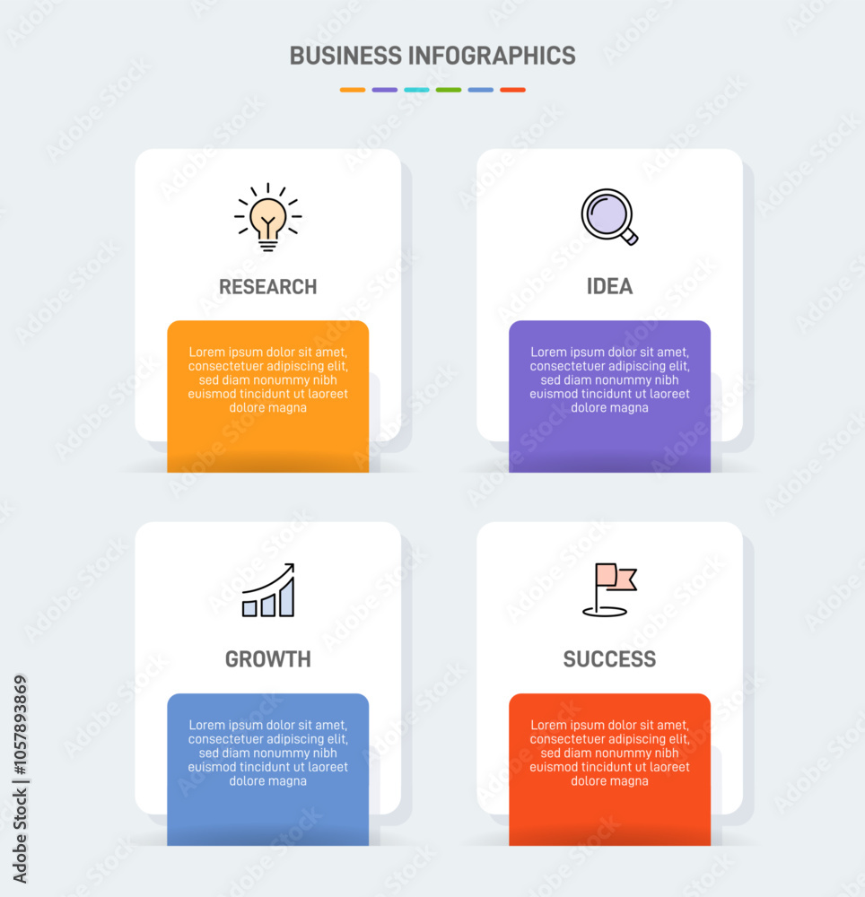 4 clean infographic design shaped elements template, symbolizing the four stages of business strategy and progression. Progress bar or timeline. Vector for presentation, web site or app.