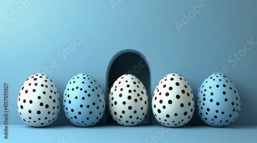 Decorative blue and white spotted eggs arranged in a row against a pastel bac...