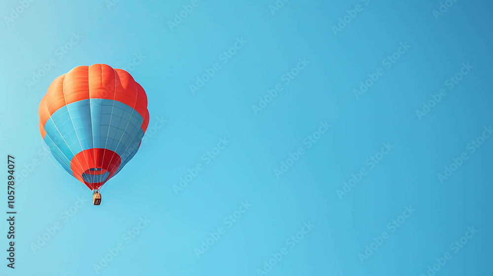 Fototapeta premium Hot air balloon ride over the countryside. The balloon is red, orange, and blue, and is flying high in the sky.